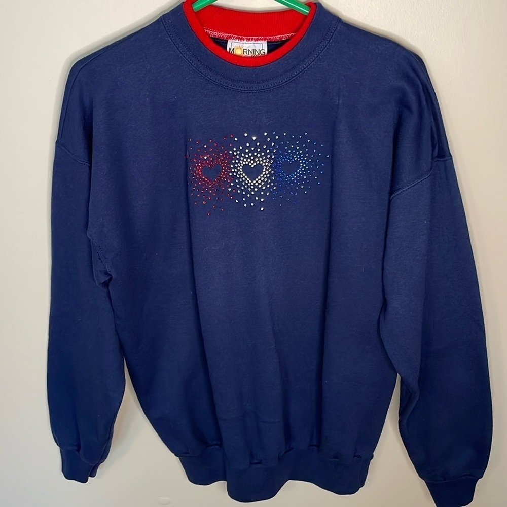 MORNING‎ SUN LG Patriotic Bedazzled Hearts Sweatshirt Novelty Grandmacore Bling